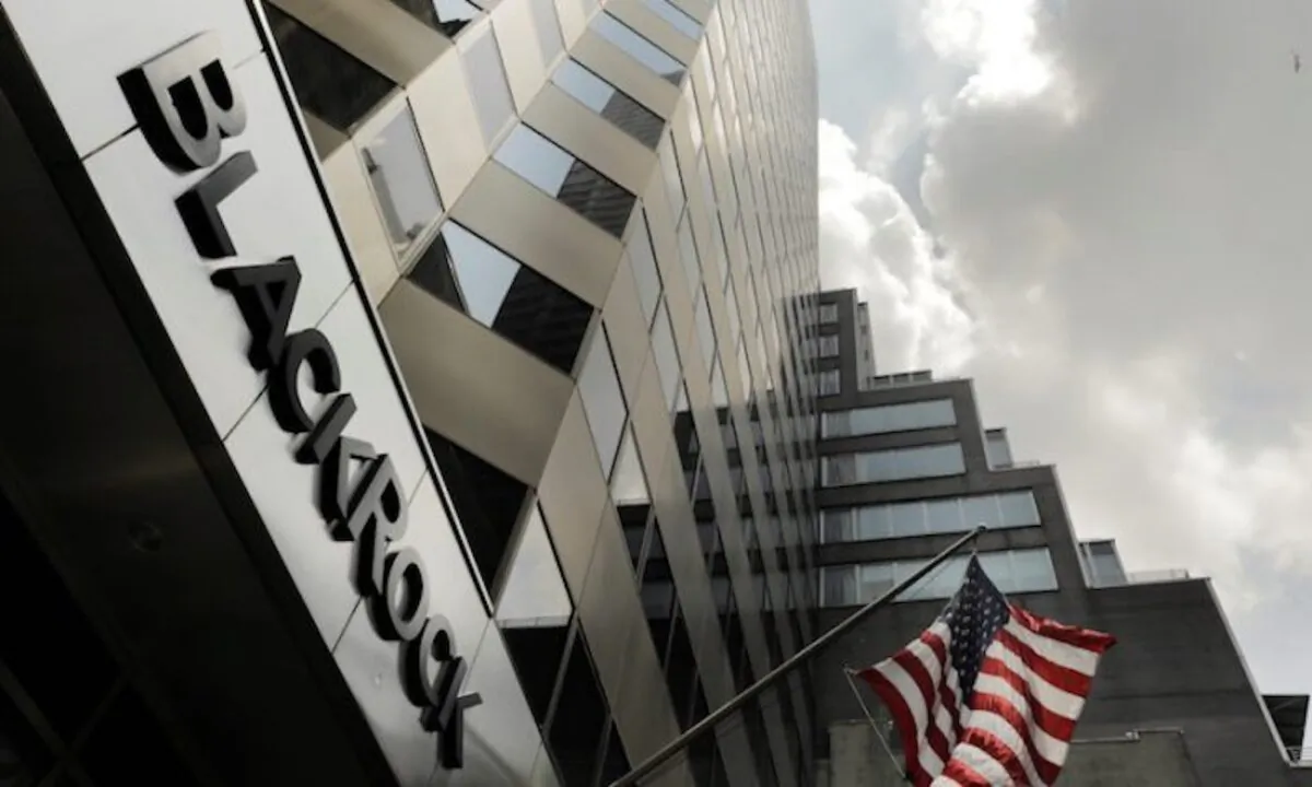 A sign for BlackRock on its building in New York on July 16, 2018. (Lucas Jackson/Reuters)