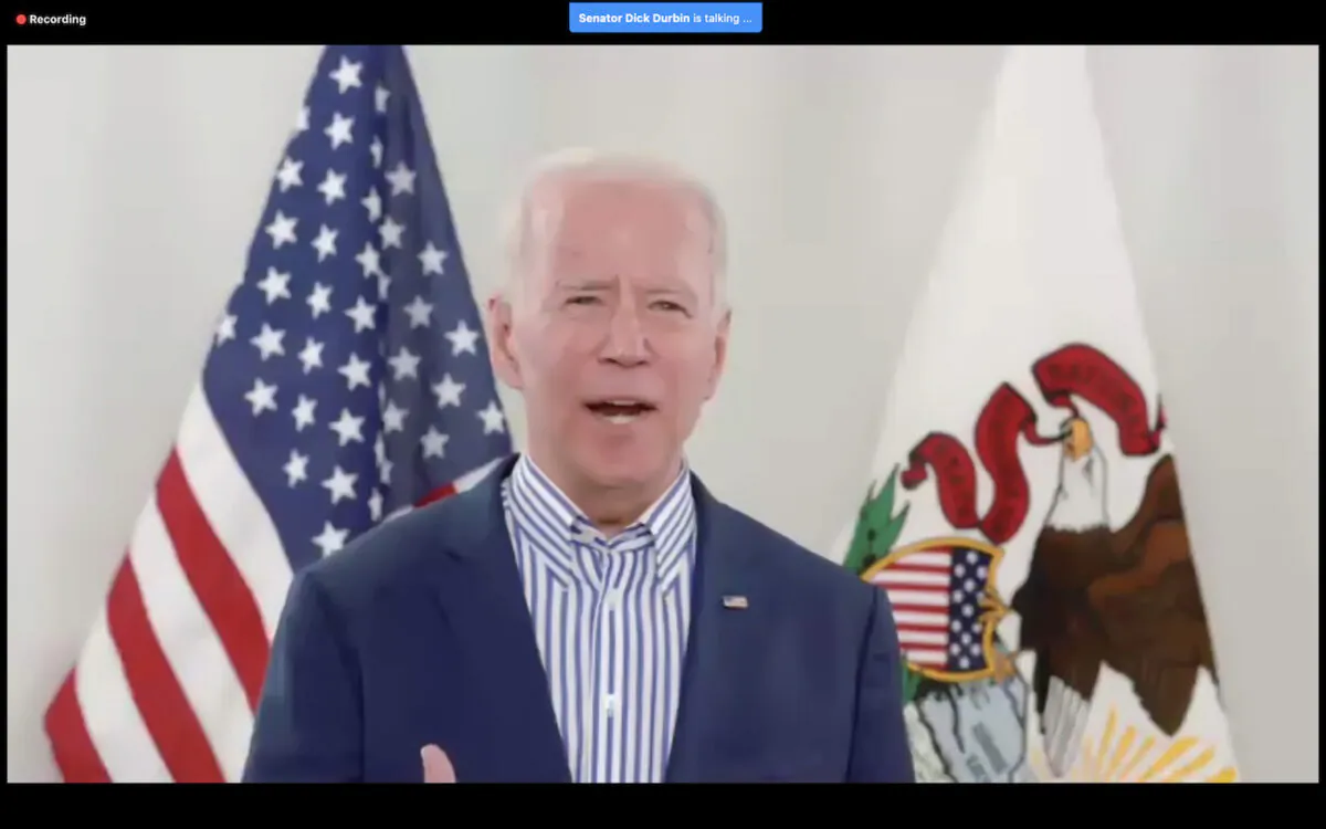 A screenshot of Democratic presidential candidate former Vice President Joe Biden's virtual campaign event on in Chicago, Illinois, on March 13, 2020. (Scott Olson/Getty Images)
