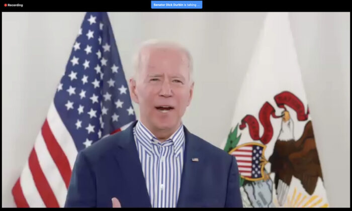 A screenshot of Democratic presidential candidate former Vice President Joe Biden's virtual campaign event on in Chicago, Illinois, on March 13, 2020. (Scott Olson/Getty Images)