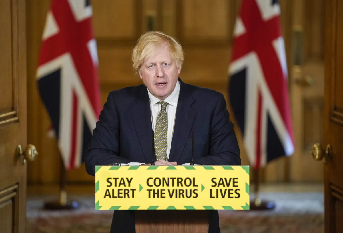 Britain's Prime Minister Boris Johnson speaks during a media briefing on CCP virus in Downing Street, London, UK, on May 24, 2020. (Andrew Parsons/10 Downing Street via AP)