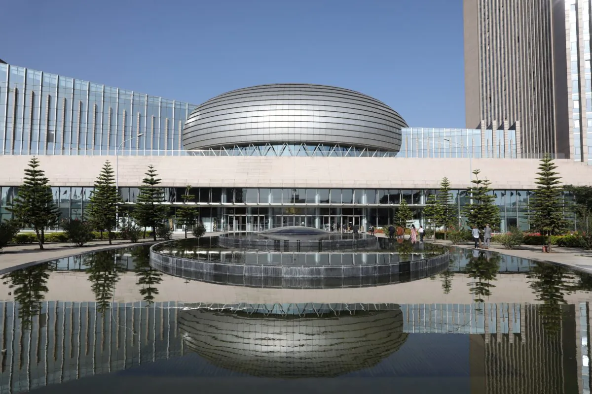 The facade of the headquarters of the African Union in Addis Ababa on March 13, 2019. (Ludovic Marin/AFP via Getty Images)