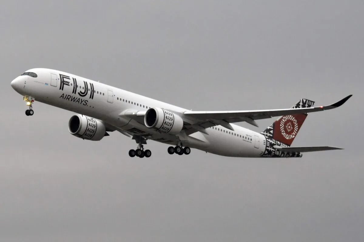 A new Airbus XWB A350-900 of Fiji Airways takes off for its first flight at the Airbus delivery center, in Colomiers, near Toulouse, southwestern France, on Nov. 15, 2019. (Pascal Pavani /AFP via Getty Images)