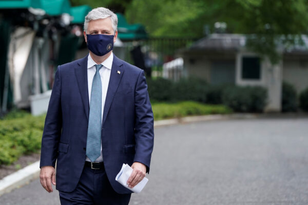 National Security Advisor Robert O'Brien walks after being interviewed at the White House in Washington
