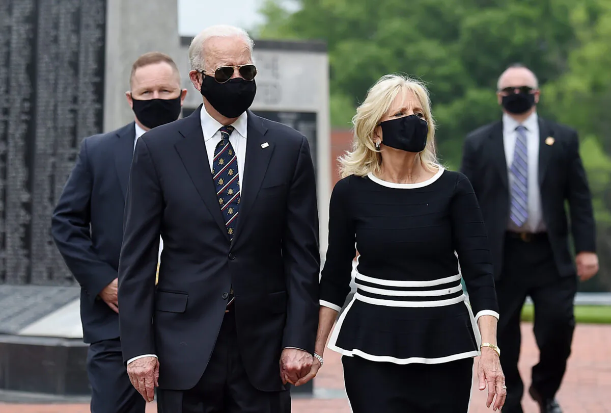 Democratic presidential candidate former Vice President Joe Biden and his wife Jill Biden, leave Delaware Memorial Bridge Veteran's Memorial Park after paying their respects to fallen service members in Newcastle, Del., on May 25, 2020. (Olivier Douliery/AFP via Getty Images)