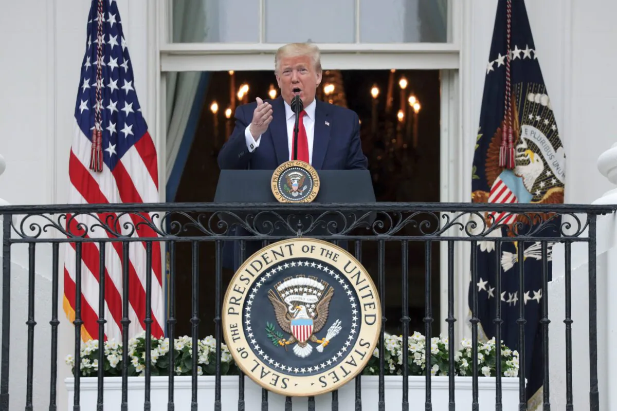President Donald Trump speaks from the Truman Balcony during a Rolling to Remember Ceremony: Honoring Our Nation’s Veterans and POW/MIA at the White House on May 22, 2020. (Alex Wong/Getty Images)