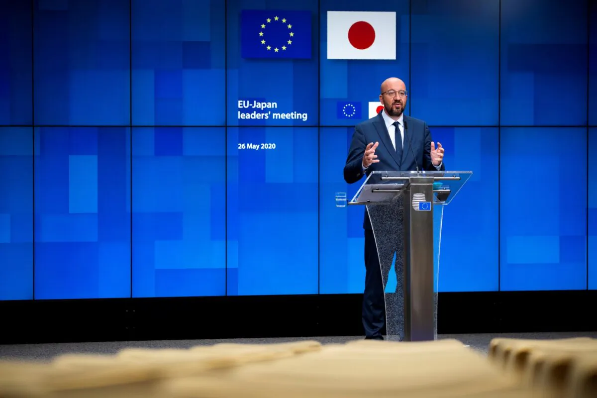 European Council President Charles Michel speaks during a news conference following an EU-Japan videoconference summit at the European Council headquarters in Brussels, Belgium, on May 26, 2020. (Francisco Seco/Reuters)