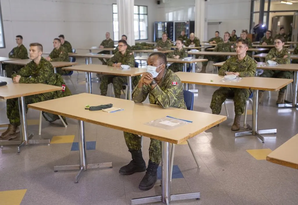 Members of the Canadian Armed Forces take part in a training session before deploying to senior's residences Wednesday April 29, 2020 in Montreal. The Canadian Forces say 36 members working in long-term care homes in Ontario and Quebec have now become sick with COVID-19. (Ryan Remiorz/The Canadian Press)
