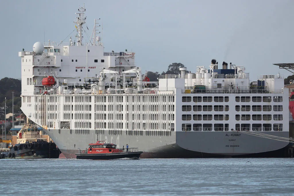 A Pilot boat motors past the Al-Kuwait berthed in Fremantle Harbour on May 26, 2020 in Fremantle, Australia. (Paul Kane/Getty Images)