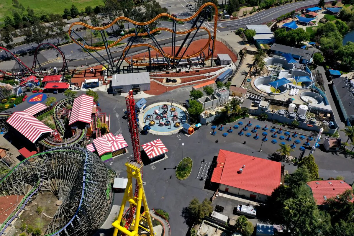 Rides sit idle at Six Flags Discovery Kingdom in Vallejo, Calif., on April 15, 2020. (Justin Sullivan/Getty Images)