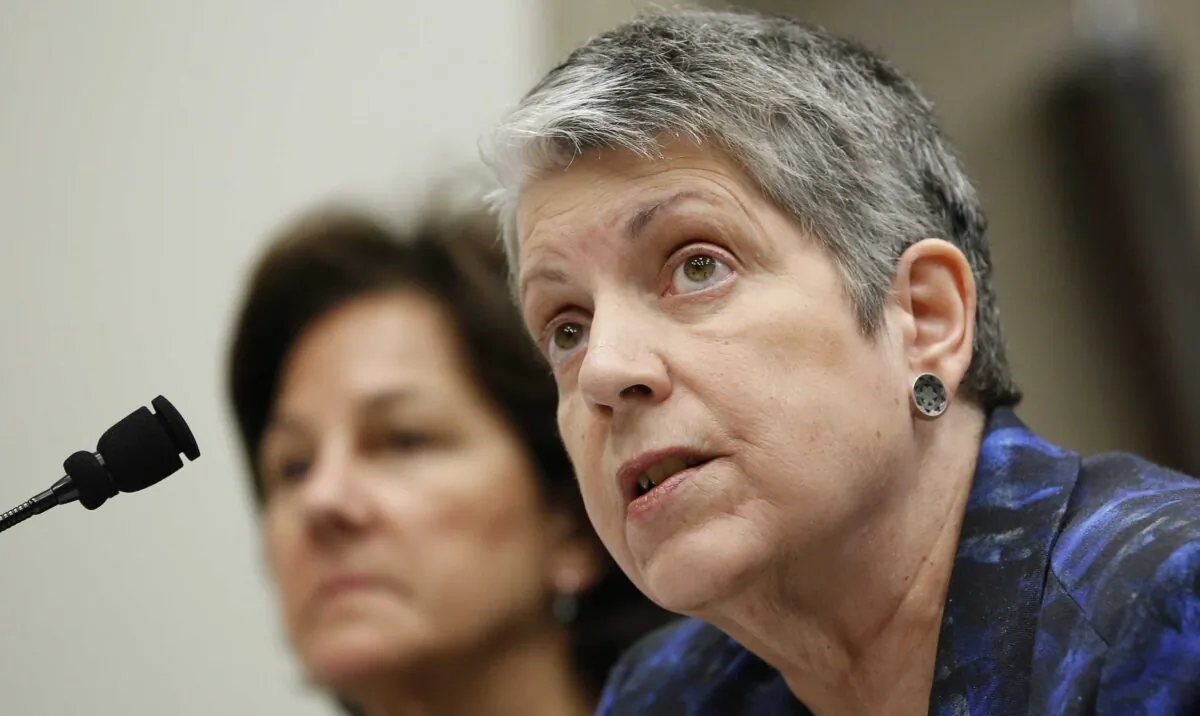 Janet Napolitano responds to a question while appearing before a Joint Legislative Audit Committee in Sacramento, Calif., on May 2, 2017. The University of California will drop the SAT and ACT tests as admission requirements through 2024 and eliminate them for California residents after that, a landmark decision by the prestigious university system. The UC’s governing body, the Board of Regents, voted 23–0 May 21, 2020, to approve a proposal by Napolitano that phases the tests out over five years, at which point the UC aims to have developed its own test. (Rich Pedroncelli/AP Photo)