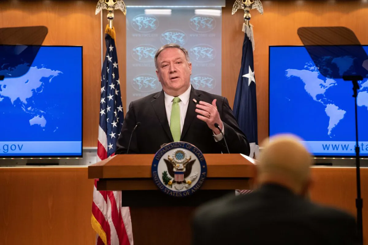 US Secretary of State Mike Pompeo speaks the press at the State Department in Washington, DC, on May 20, 2020. (Nicolas Kamm/POOL/AFP via Getty Images)