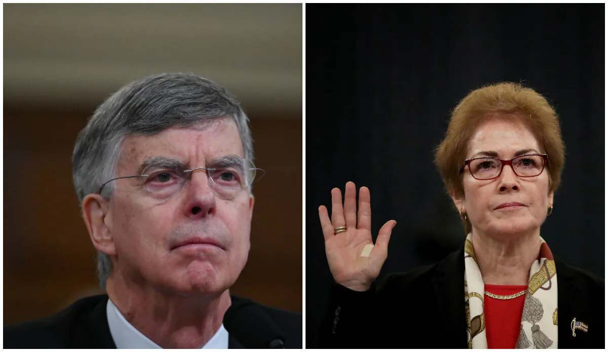 (L) Ambassador Bill Taylor, the top diplomat in the U.S. embassy in Ukraine looks on during the impeachment inquiry into President Donald Trump in Washington, on Nov. 13, 2019. (Andrew Caballero-Reynolds/AFP/Getty Images) 
(R) Former U.S. Ambassador to Ukraine Marie Yovanovitch is sworn in prior to providing testimony before the House Intelligence Committee in the Longworth House Office Building on Capitol Hill in Washington on Nov. 15, 2019. (Drew Angerer/Getty Images)