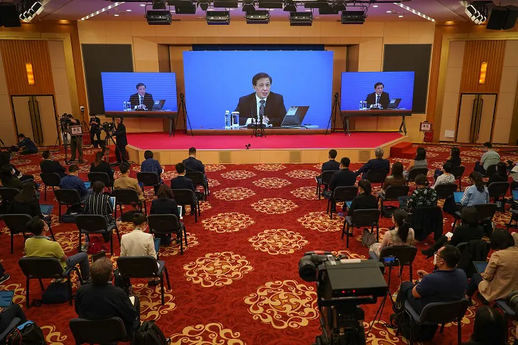 Spokesperson for the National People's Congress Zhang Yesui, located at the Great Hall Of The People , announces the new National Security Law during a video press conference in Beijing on May 21, 2020. (Andrea Verdelli/Getty Images)
