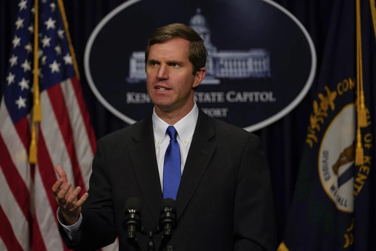 Kentucky Gov. Andy Beshear speaks to the press at the Capitol in Frankfort, Ky., on Feb. 19, 2020. (Bryan Woolston/AP Photo)