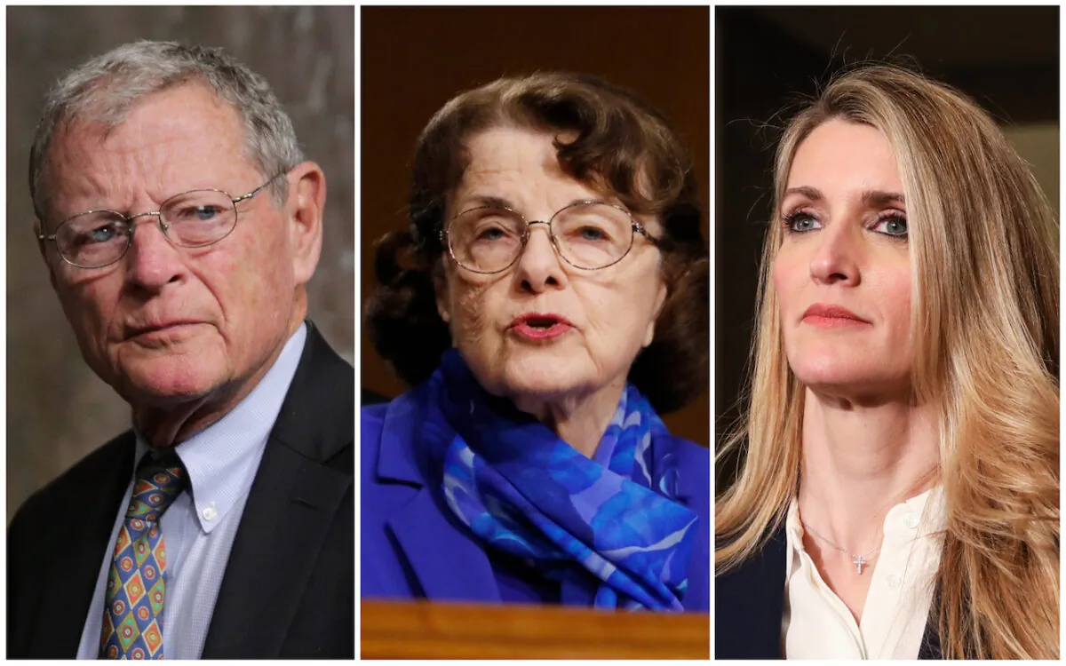 (L-R) Sen. Jim Inhofe (R-Okla.) (Chip Somodevilla/Getty Images), Sen. Dianne Feinstein (D-Calif.) (Andrew Harnik/AP Photo), Sen. Kelly Loeffler (R-Ga.) (Charlotte Cuthbertson/The Epoch Times)
