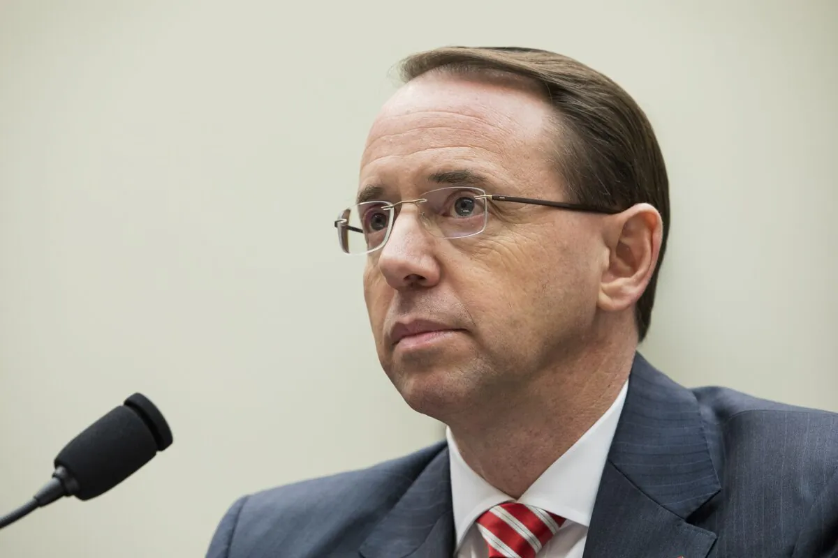 Deputy Attorney General Rod Rosenstein testifies before the House Judiciary Committee about former special counsel Robert Mueller's investigation of Russia's alleged election interference in 2016, in Washington on Dec. 13, 2017. (Samira Bouaou/The Epoch Times)