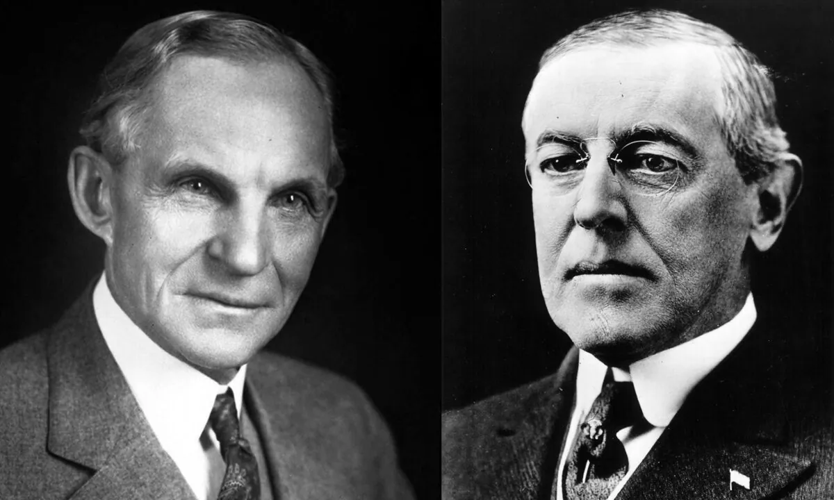 Left: American industrialist and pioneer in the motor vehicle industry, Henry Ford (1863-1947). (Keystone/Getty Images) Right: Woodrow Wilson, 28th President of the United States (1913-1921). (National Archive/Newsmakers)