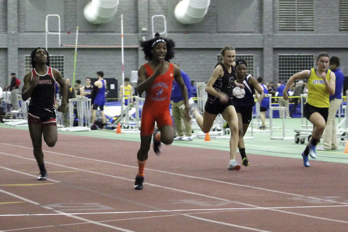 Bloomfield High School transgender athlete Terry Miller (2nd L) wins the final of the 55-meter dash over transgender athlete Andraya Yearwood (L) and other runners in the Connecticut girls Class S indoor track meet at Hillhouse High School in New Haven, Conn., on Feb. 7, 2019. (Pat Eaton-Robb/AP Photo)