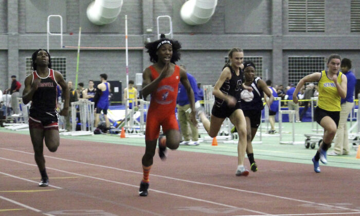 Bloomfield High School transgender athlete Terry Miller, second from left, wins the final of the 55-meter dash over transgender athlete Andraya Yearwood, far left, and other runners in the Connecticut girls Class S indoor track meet at Hillhouse High School in New Haven, Conn., on Feb. 7, 2019. (Pat Eaton-Robb/file/AP Photo)