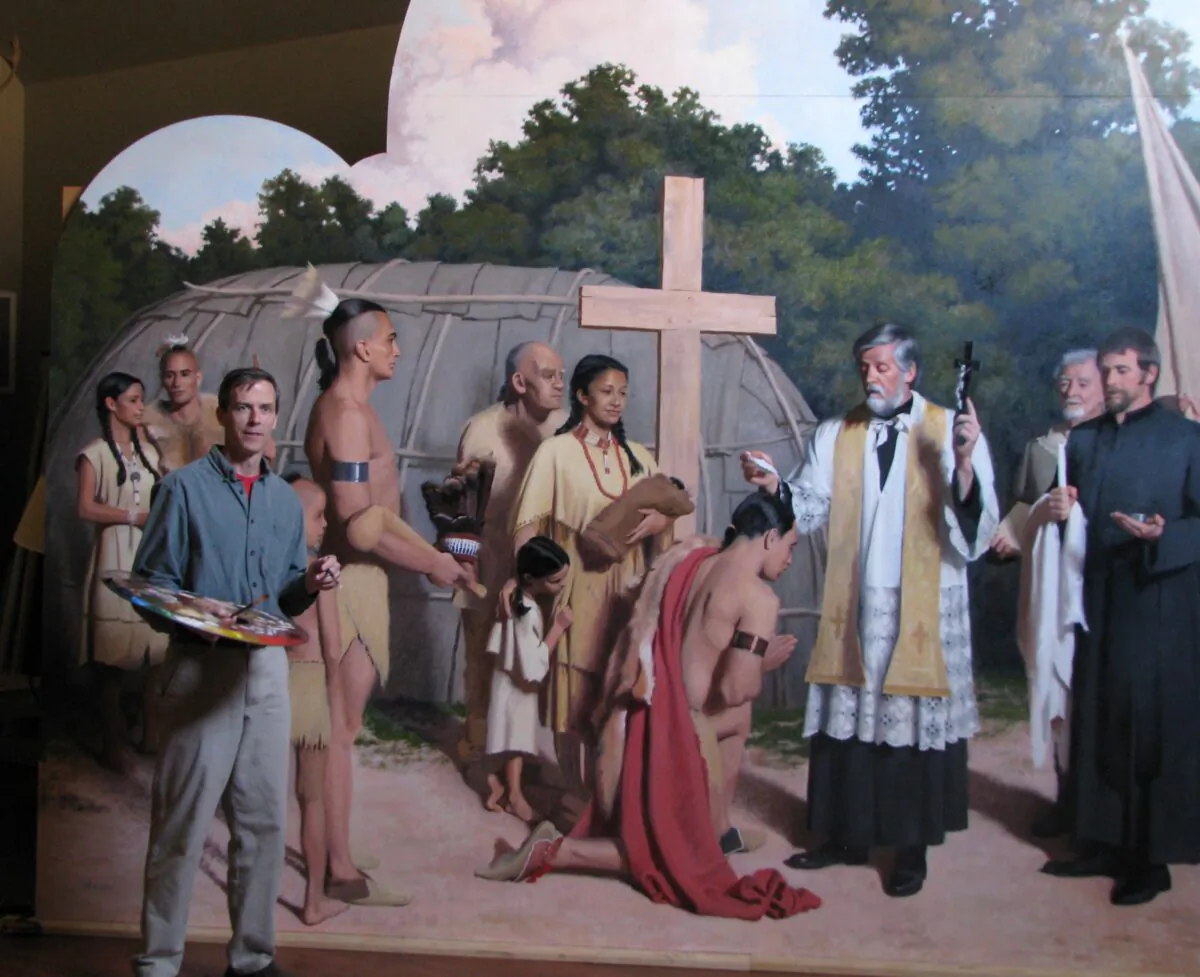 Henry Wingate and his “Father Andrew White Baptizing the Chief of the Piscataway,” which is now at St. Mary’s Catholic Church of Piscataway. (Courtesy of Henry Wingate)