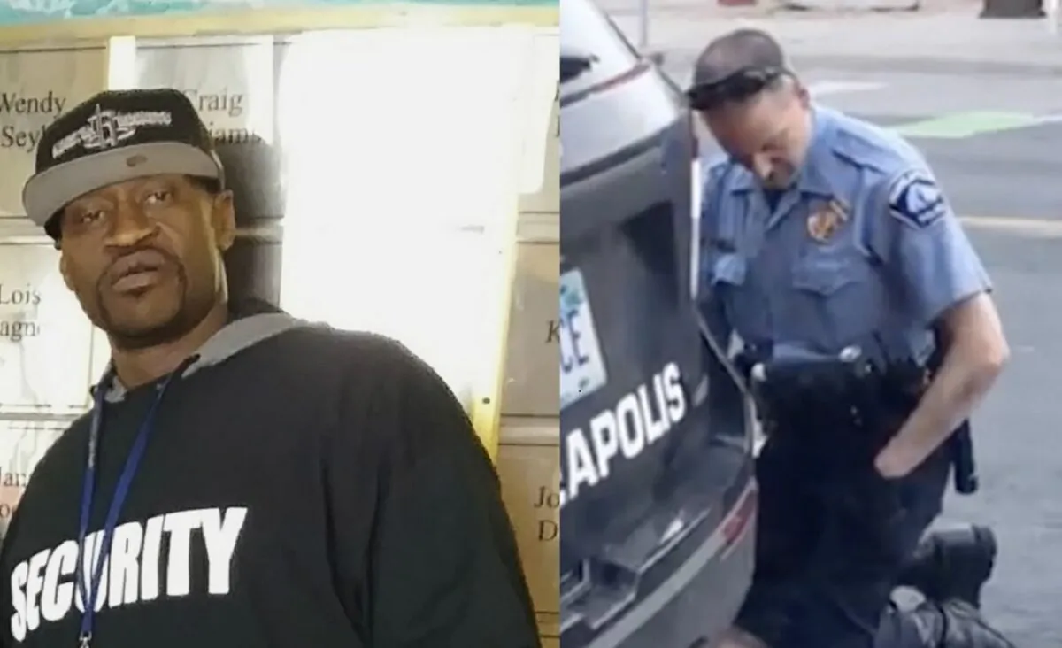 George Floyd, left, in a file photograph; on right, Minneapolis officer Derek Chauvin arrests Floyd on May 25, 2020. (Christopher Harris/AP; Darnella Frazier/AP)