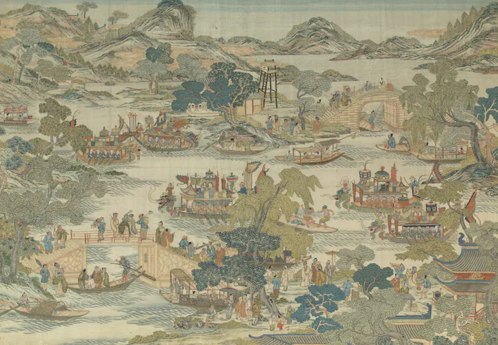 “Dragon Boat Festival Performance,” Qing Dynasty (1644–1911). From the fierce rowers of the dragon boats to the excited sea of onlookers, this piece captures the joy and prosperity the Duanwu festival brings. (The Metropolitan Museum of Art)
