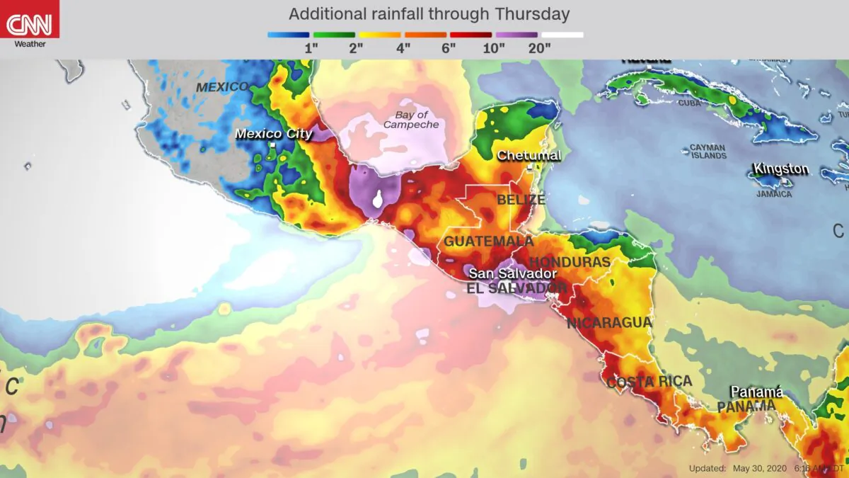 The "Central American gyre," a broad area of low pressure, which formed this weekend, is drifting aimlessly between North and South America. (From CNN weather)