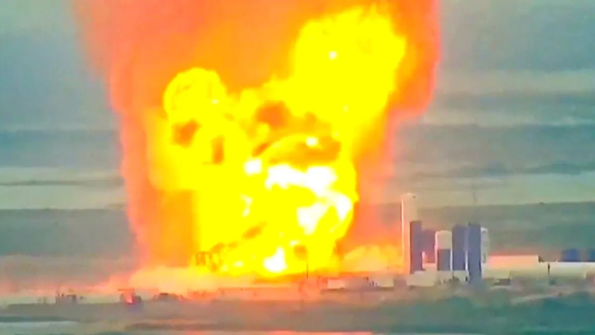 A prototype of SpaceX rocket Starship explodes during ground tests, in Boca Chica, Texas U.S., May 29, 2020. (LABPADRE/YOUTUBE via Reuters)