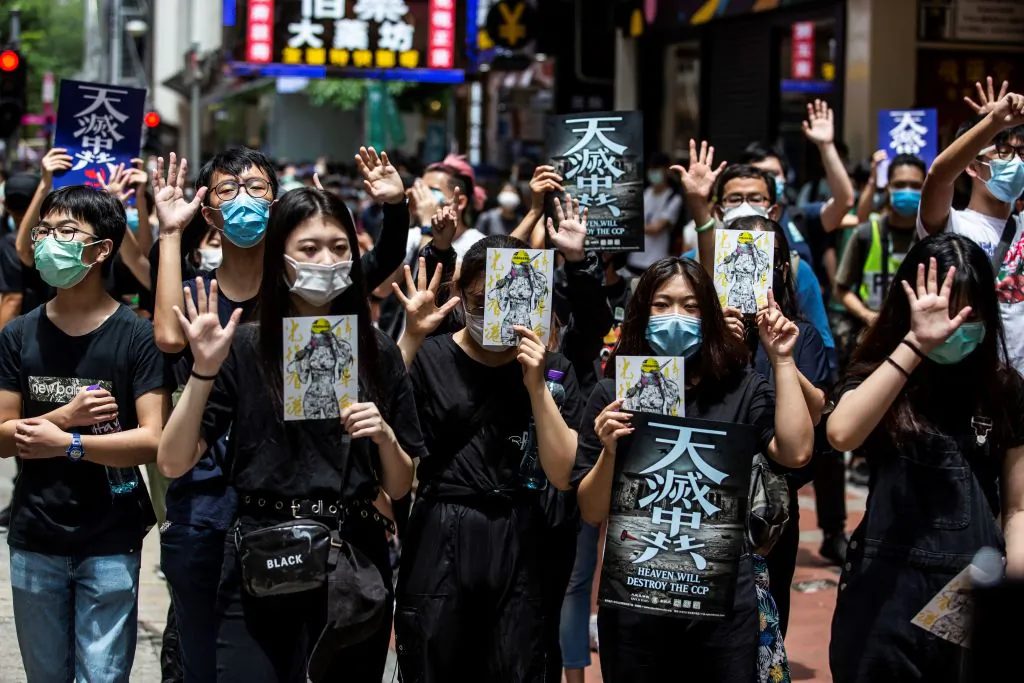 Pro-democracy protesters gather in Causeway Bay district of Hong Kong on May 24, 2020. (Isaac Lawrence/AFP via Getty Images)