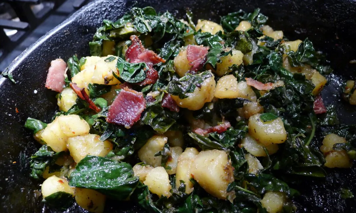 Chunks of potatoes are plastered and speckled with kale, full of that unmistakable potato salad-y flavor of summer. (Ari LeVaux)