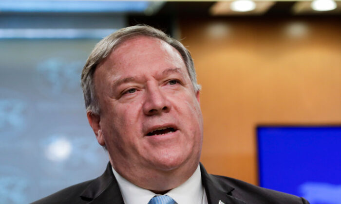 U.S. Secretary of State Mike Pompeo holds a joint news conference on the International Criminal Court at the State Department in Washington on June 11, 2020. (Yuri Gripas/AFP via Getty Images)