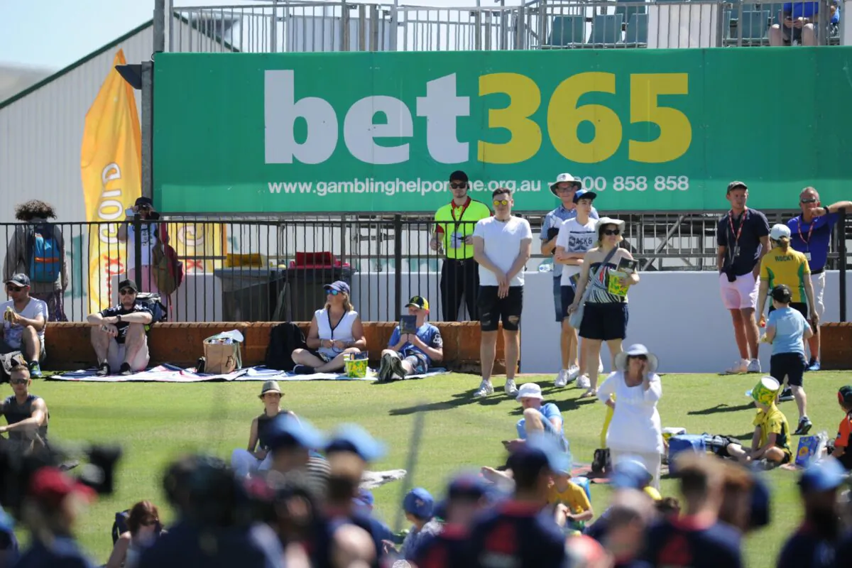 Signage for an online sports betting company is seen at the WACA ground for Ashes cricket Test match in Perth, Australia, December 14, 2017. (GREG WOOD/Getty Images)