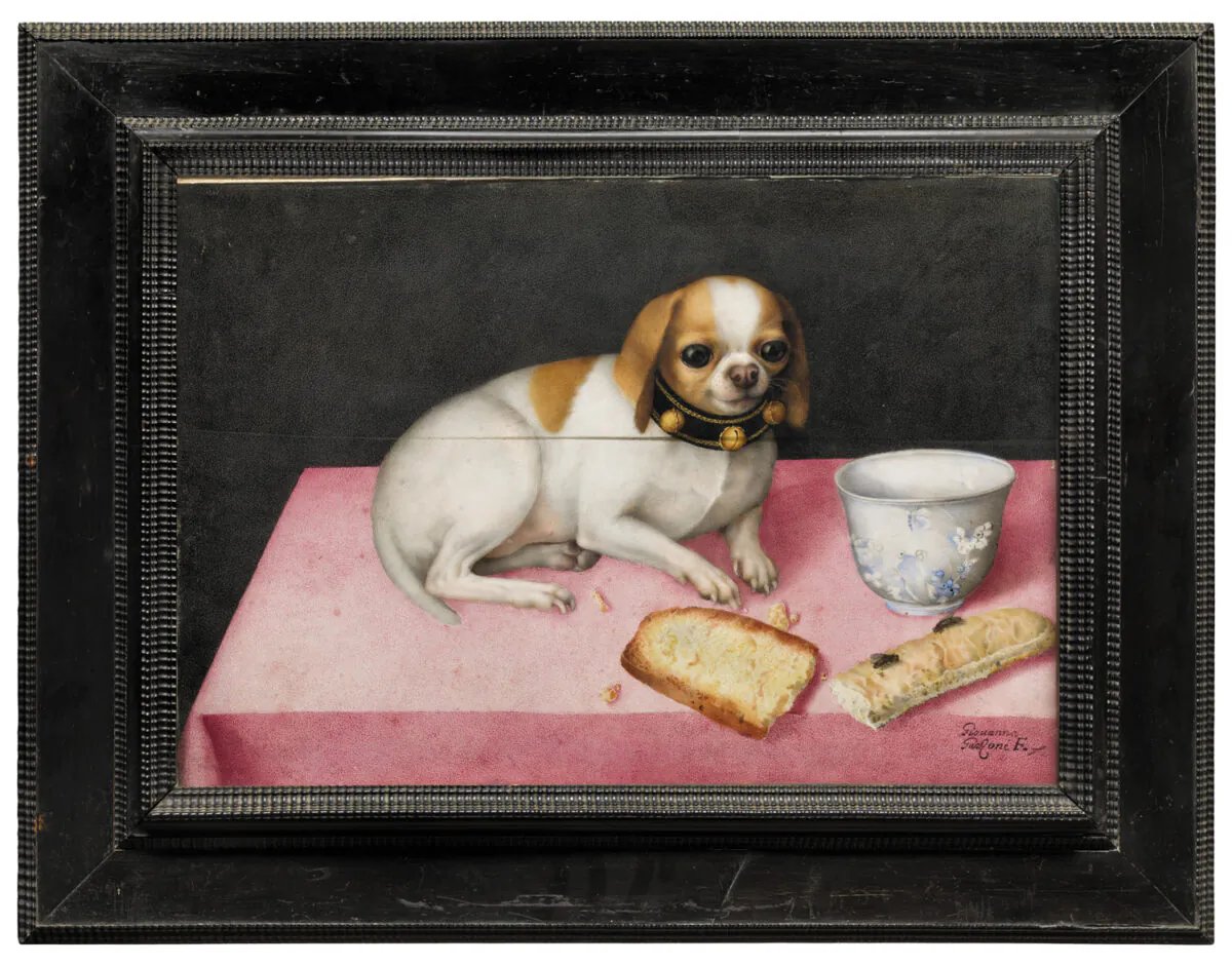 Lapdog with Biscotti and a Chinese Cup, circa 1648, by Giovanna Garzoni. Tempera on parchment; 10 7/8 inches by 15 1/2 inches. Palatine gallery, The Uffizi Galleries, Florence. (The Uffizi Galleries, Florence)