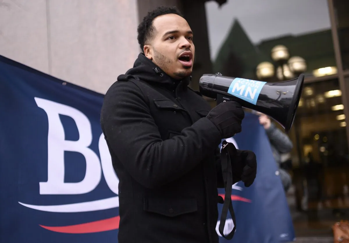 Minneapolis City Council member Jeremiah Ellison at a rally in support of Democratic presidential candidate Sen. Bernie Sanders (I-Vt.) outside the Hennepin County Government Center on the first day of early voting in Minneapolis, Minn., on Jan. 17, 2020. (Stephen Maturen/Getty Images)