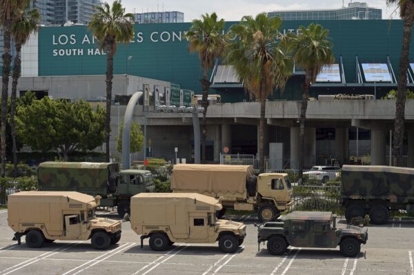 California National Guard vehicles are seen parked at the Los Angeles Convention Center