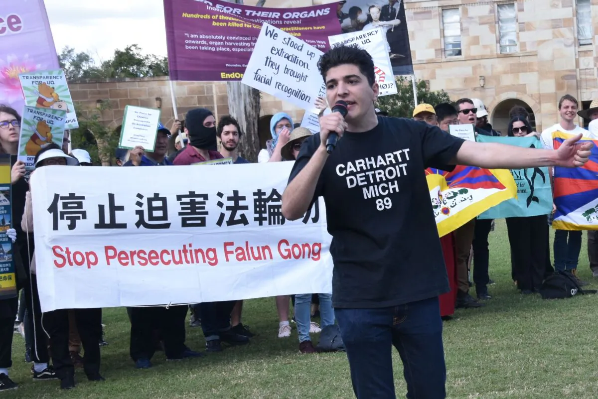 Drew Pavlou speaking at a human rights rally on the grounds of the University of Queensland in Brisbane, Australia on Jul 31, 2019. (Faye Yang/The Epoch Times)