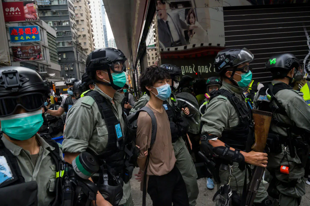 Hong Kong protesters are arrested by riot police during a rally against China's national security law at Mongkok district in Hong Kong on May 27, 2020. (Billy H.C. Kwok/Getty Images)