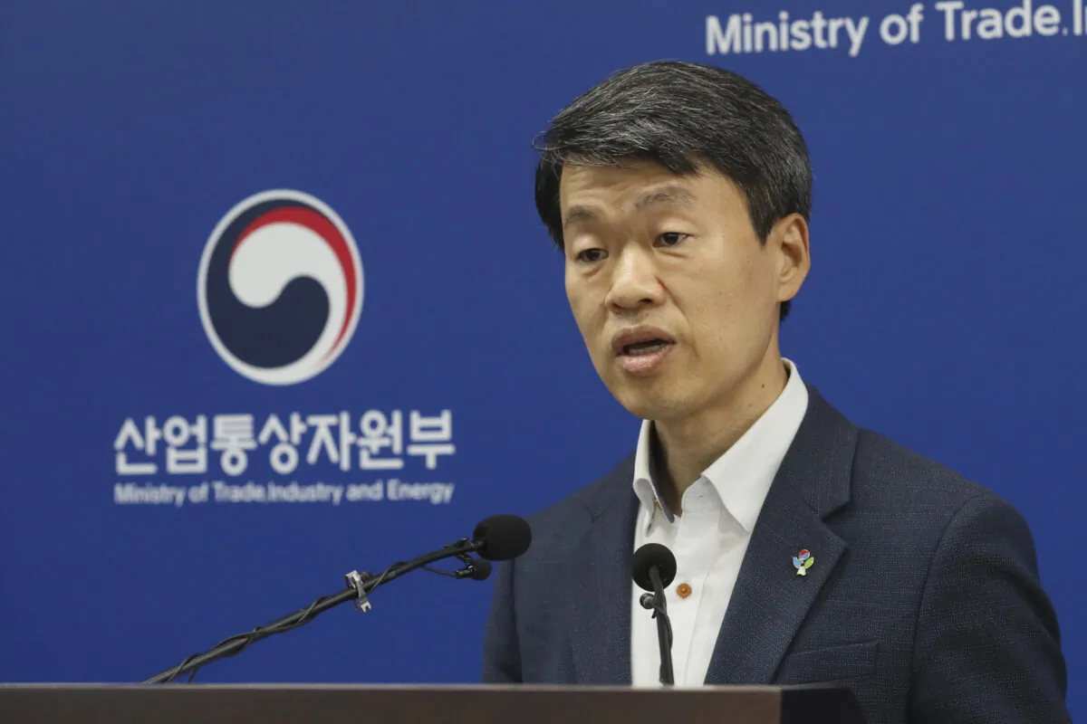 Na Seung-sik, deputy minister of the Ministry of Trade, Industry, and Energy's Office of Trade and Investment, speaks during a briefing at the government complex in Sejong, South Korea, on June 2, 2020. (Kang Jong-min/Newsis via AP)