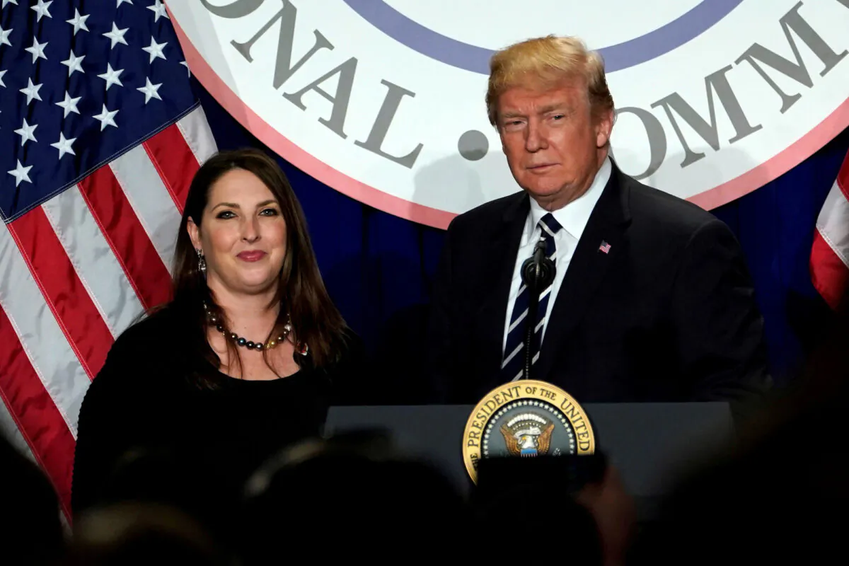 President Donald Trump is introduced by RNC chairwoman Ronna McDaniel at the Republican National Committee's winter meeting at the Washington Hilton in Washington, DC, on Feb. 1, 2018. (Yuri Gripas/REUTERS)