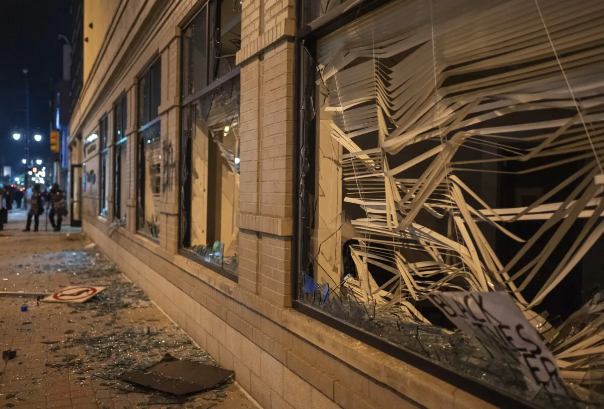 Damage is pictured to the Secretary of State building in downtown Grand Rapids, Mich., on May 30, 2020. (Anntaninna Biondo/The Grand Rapids Press via AP)