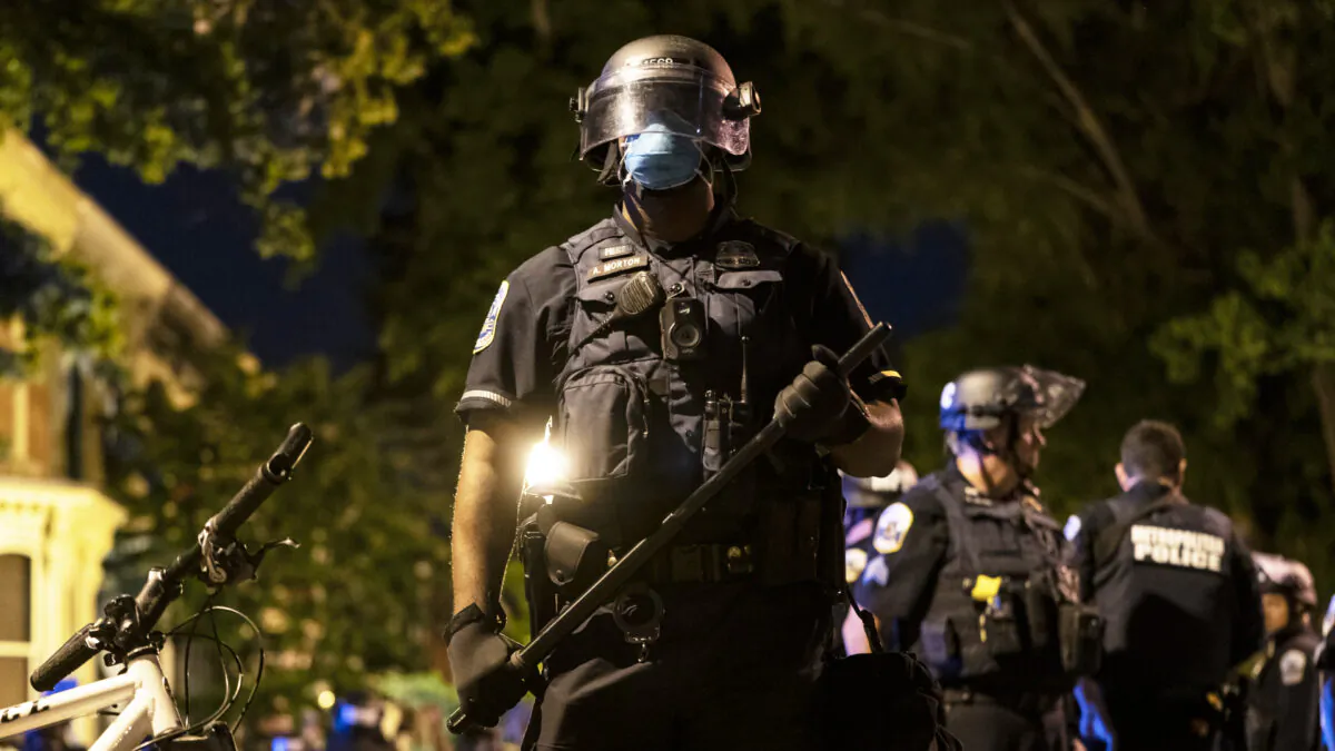 A Metropolitan police officer stands ready during a demonstration in Washington on June 1, 2020. (Joshua Roberts/Getty Images)