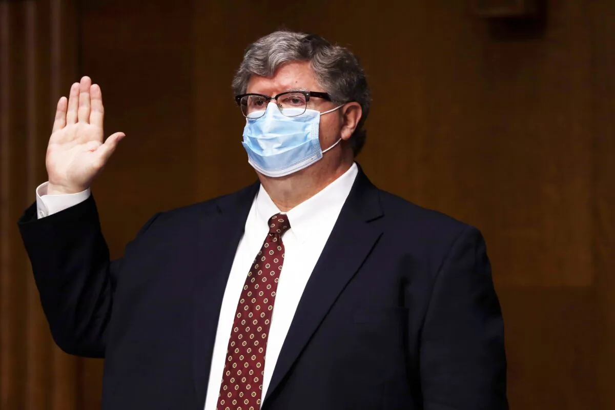The Honorable Brian Miller is sworn in during a confirmation hearing before Senate Committee on Banking, Housing, and Urban Affairs at Dirksen Senate Office Building on Capitol Hill in Washington on May 5, 2020.  (Alex Wong/Getty Images)