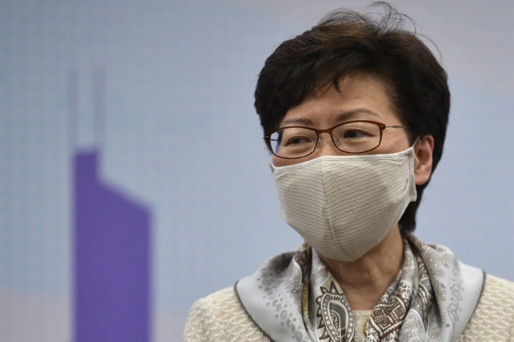 Hong Kong leader Carrie Lam speaks during a briefing at the Hong Kong SAR office during her visit in Beijing on June 3, 2020. (Nicolas Asfouri/AFP via Getty Images)