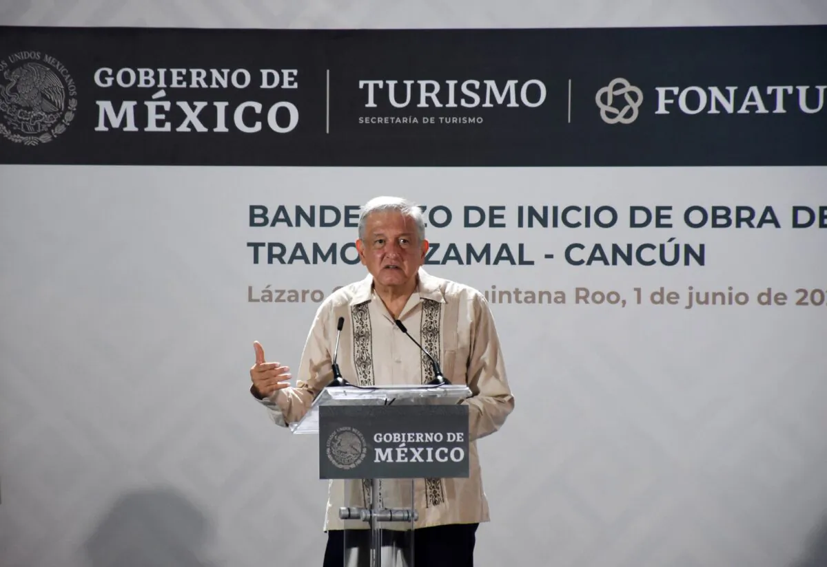 Mexican President Andres Manuel Lopez Obrador speaks during the laying of the first stone of the "Tren Maya" tourist train, in El Ideal, Quintana Roo State, Mexico, on June 1, 2020. (Elizabeth Ruiz/AFP/Getty Images)