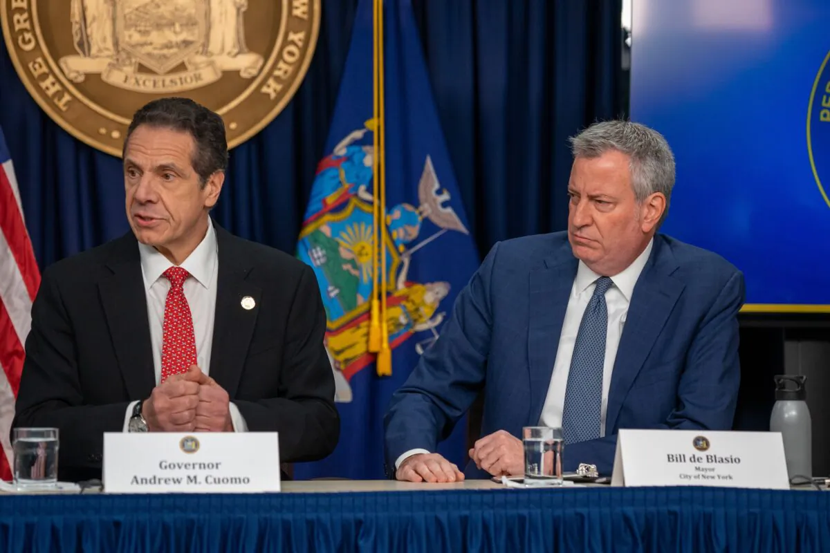 New York Gov. Andrew Cuomo and New York City Mayor Bill de Blasio appear at a press conference in New York, N.Y. on March 2, 2020. (Scott Heins/Getty Images)