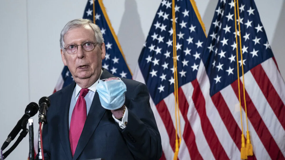 Senate Majority Leader Mitch McConnell (R-Ky.) speaks to the press after a meeting with Republican Senators in the Hart Senate Office Building on Capitol Hill, May 19, 2020 in Washington. (Drew Angerer/Getty Images)