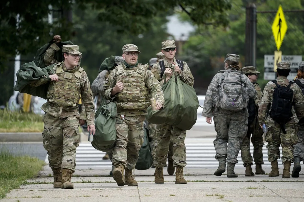 National Guard troops arrive at the Joint Force Headquarters of the D.C. National Guard in Washington on June 2, 2020. (Drew Angerer/Getty Images)
