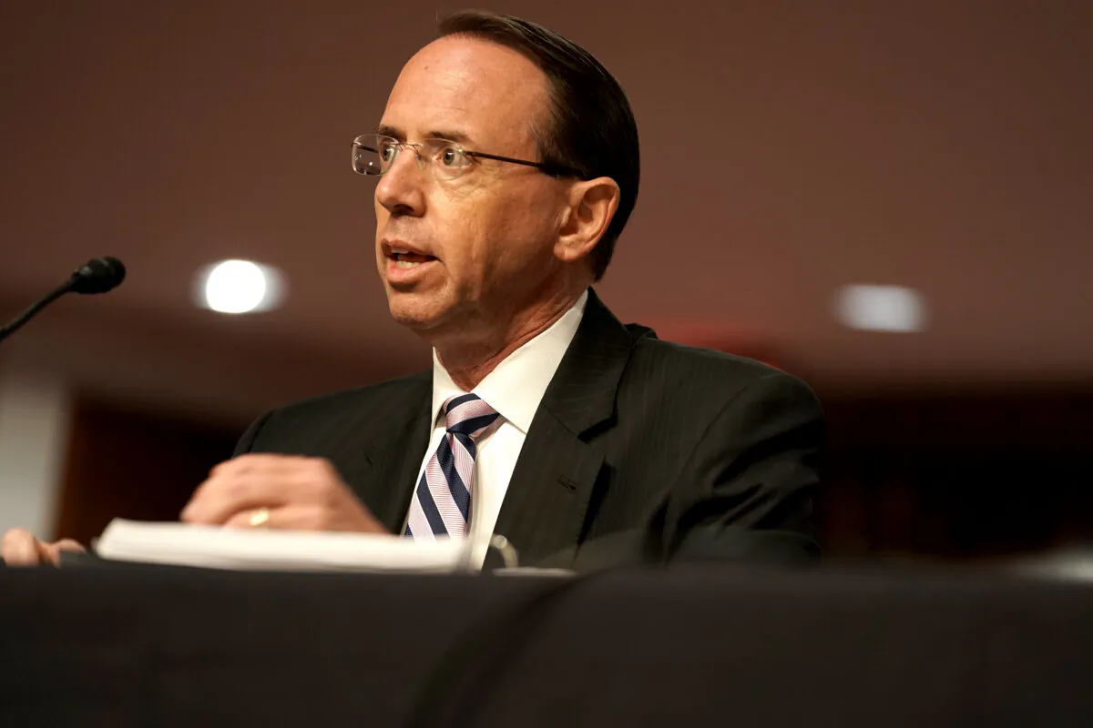 Former Deputy Attorney General Rod Rosenstein testifies during a Senate Judiciary Committee hearing to discuss the FBI's "Crossfire Hurricane" investigation, in Washington on June 3, 2020. (Greg Nash/Pool/Getty Images)