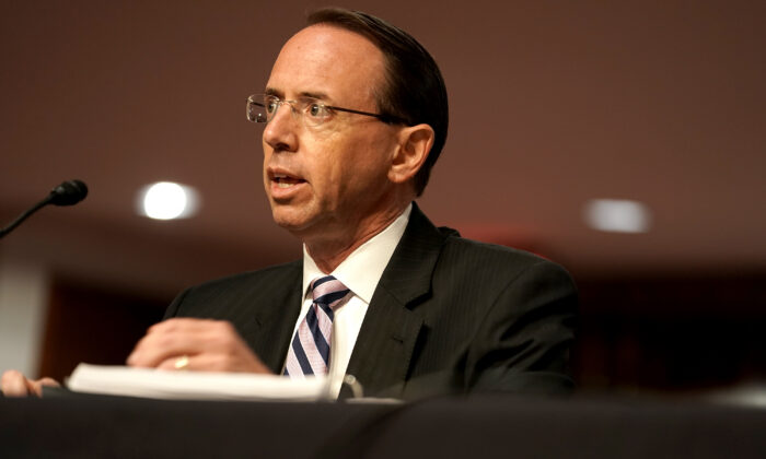 Former Deputy Attorney General Rod Rosenstein testifies during a Senate Judiciary Committee hearing to discuss the FBI's "Crossfire Hurricane" investigation, in Washington on June 3, 2020. (Greg Nash/Pool/Getty Images)