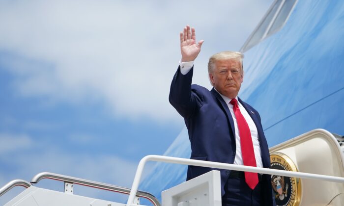 President Donald Trump boards Air Force One as he departs from Joint Base Andrews in Maryland on May 30, 2020. (Mandel Ngan/AFP via Getty Images)